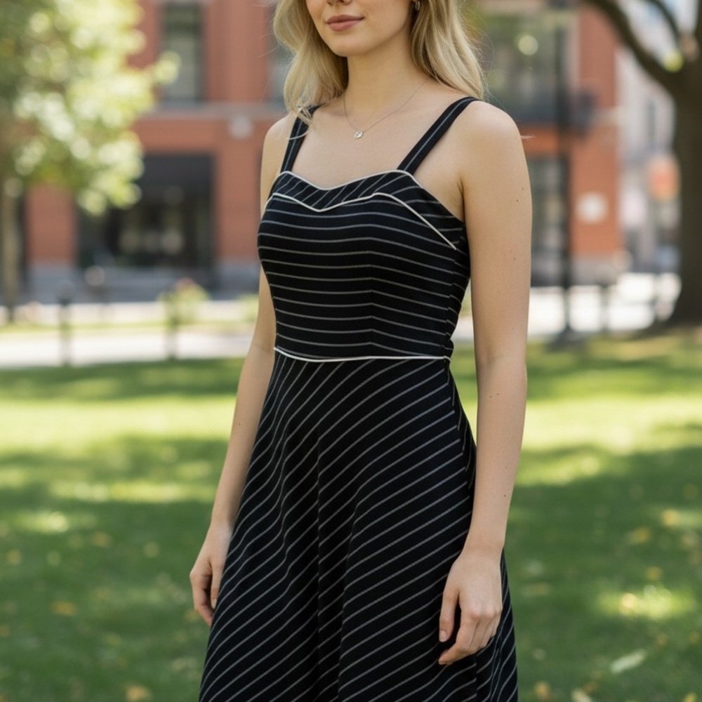 LOFT Black Dress with White Pinstripes and Sweetheart Neckline